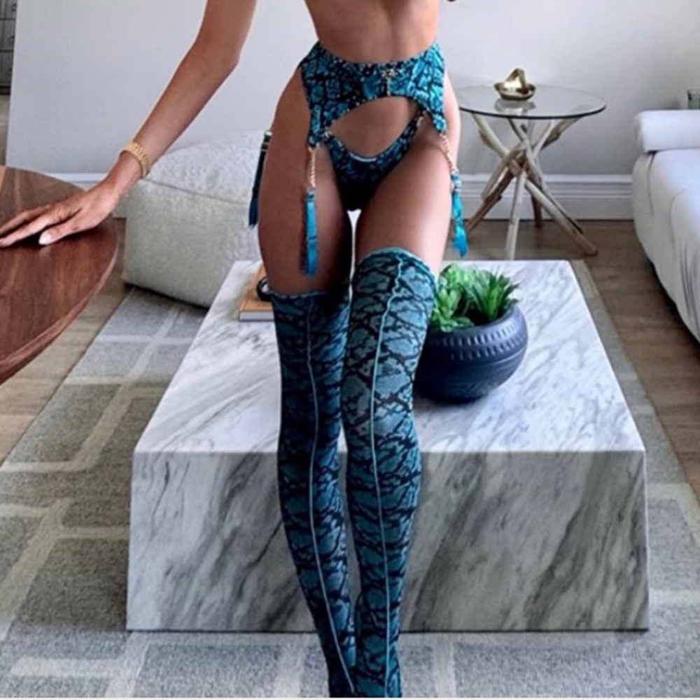 Honey Birdette 💋💋 TURQUOISE PYTHON  GARTER BELT STOCKINGS‼️ - Picture 3 of 8